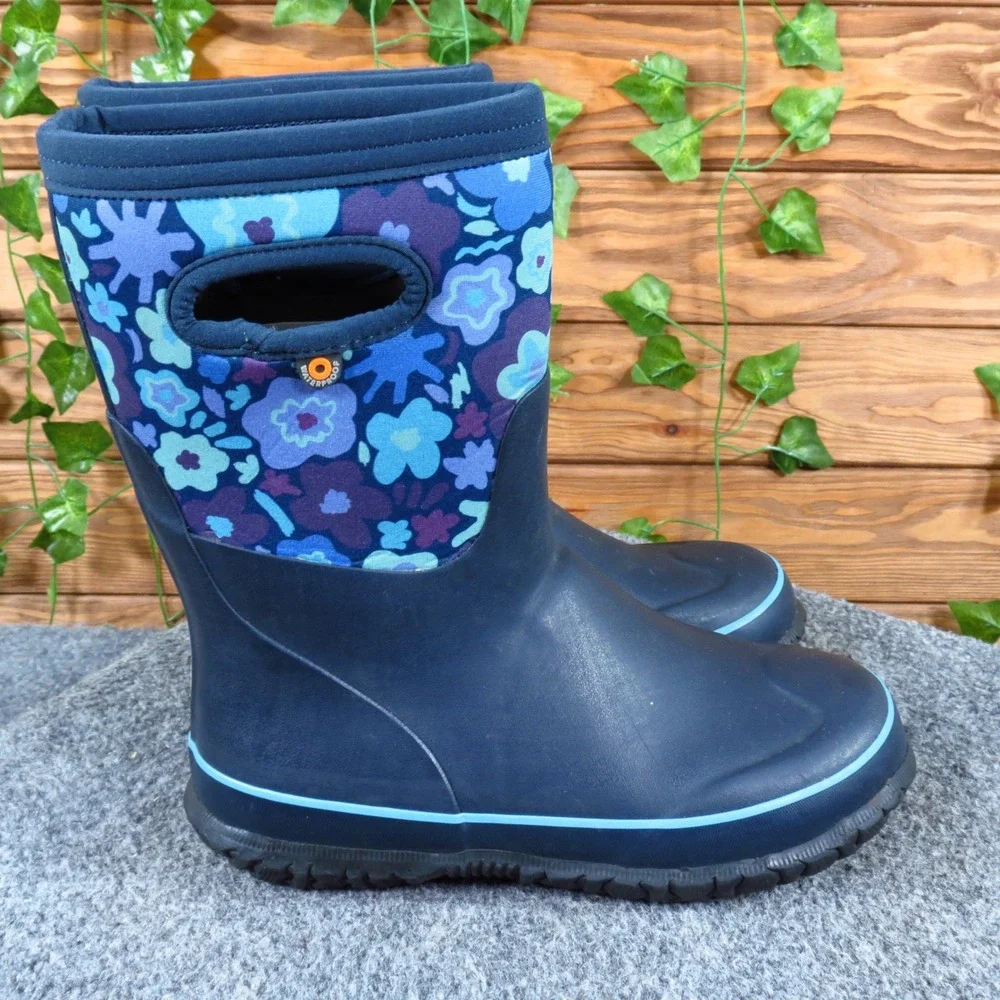 Bogs Grasp G-FLWR Youth Rain Snow Boots Size 3 Waterproof Insulated Navy Floral
